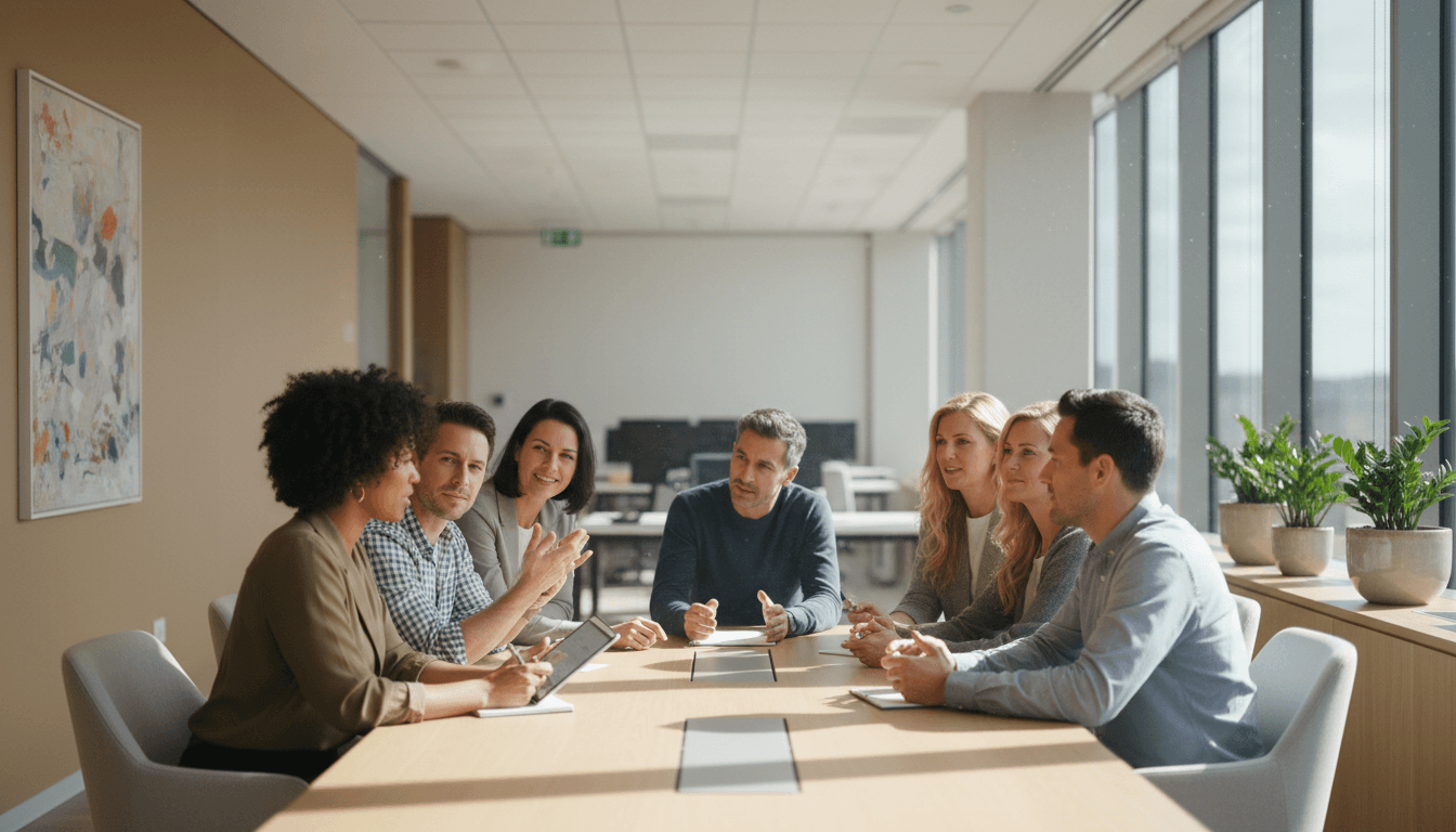 Researchers and participants in a focus group discussion in a bright, modern room
